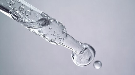 A close-up view of a glass pipette releasing a clear liquid, capturing the formation of bubbles and droplets against a neutral background.