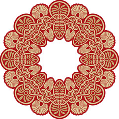 Vector gold with red classic Greek round ornament. Circle of Ancient Greece and the Roman Empire. Byzantine painting of walls, floors and ceilings. Decoration of European palaces.