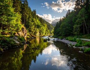 Serene River Winding Through Lush Mountain Valley