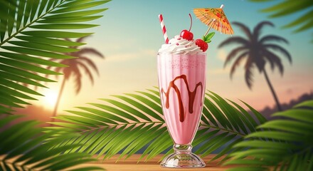 Tropical strawberry milkshake with whipped cream, cherry and umbrella at sunset beach.