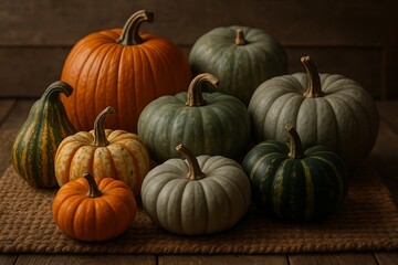 Rustic Autumn Bounty: A Diverse Display of Heirloom Pumpkins and Gourds