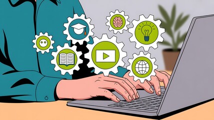 Online education concept illustration depicting gears connected with symbols for learning and technology
