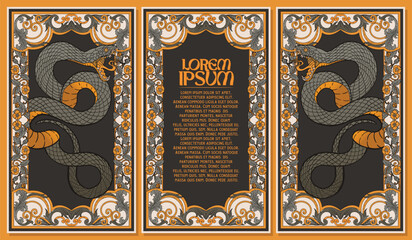 Vintage medieval floral pattern background with green yellow snake illustration for decoration design © Wetan Clan