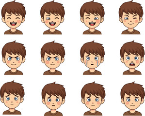 Cartoon boy facial expressions set, happy sad angry surprised emotions, cute character faces, emotional reaction illustration, children feelings clipart, emoji concept