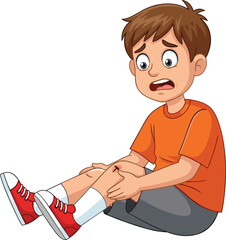 Cartoon boy sitting on ground with scraped knee, injured child holding leg, pain expression, accident illustration for safety education design © Creatives Art