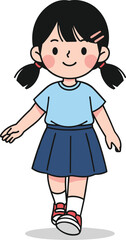 Cute cartoon schoolgirl walking, happy child illustration, smiling little girl character, kids fashion clipart, educational children design, isolated vector drawing for learning