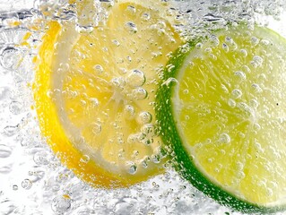 Vibrant lemon and lime slices submerged in sparkling water, creating a refreshing burst of bubbles and light.