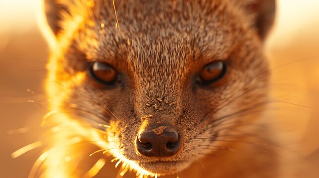 Closeup portrait of a wild animal with intense eyes and textured fur in warm light