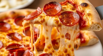 Delicious close up of a freshly baked pepperoni pizza slice with melted cheese
