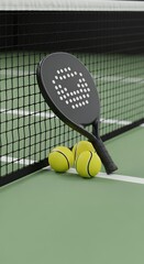 Close up view of a black paddle with white dots next to three yellow balls on a green court near a black net racket sports tennis padel game equipment athletic healthy activity recreation