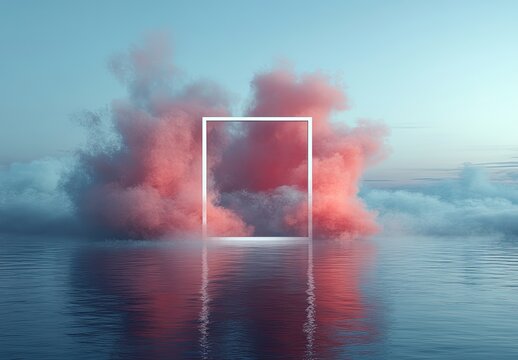 Pink clouds frame a white rectangle over calm water