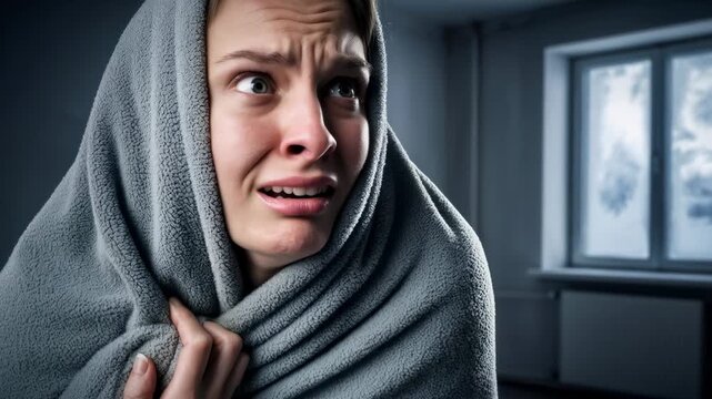 Freezing woman wrapped in blanket shivering from cold due to broken heating system in a frosty room with frozen window footage.
