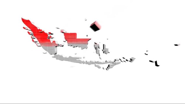 3D illustration of the map of Indonesia with red and white colors inspired by the national flag, displayed on a clean white background. The word &ldquo;INDONESIA&rdquo; in a digital font adds a modern and minimal