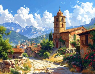 Picturesque Alpine Village Churchscape Under Sunny Skies