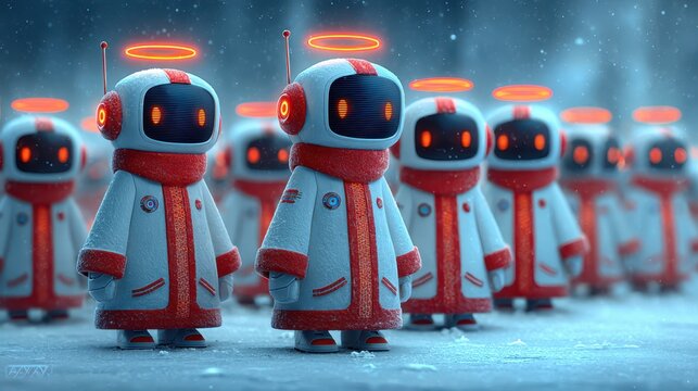 A line of robot figures dressed in winter coats, each with glowing halos, standing in a snowy environment.