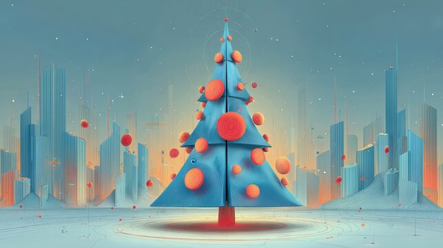 A vibrant, modern depiction of a Christmas tree surrounded by abstract cityscapes and colorful ornaments, blending festive spirit with a futuristic aesthetic.