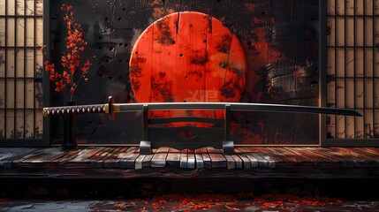 Japanese Katana Sword on Stand with Rising Sun Backdrop