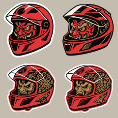 Set of Four Japanese Oni Demon Biker Helmet Vector Mascot