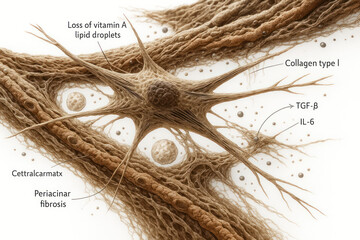 Microscopic view of stellate cells and extracellular matrix, illustrating periacinar fibrosis and collagen deposition.