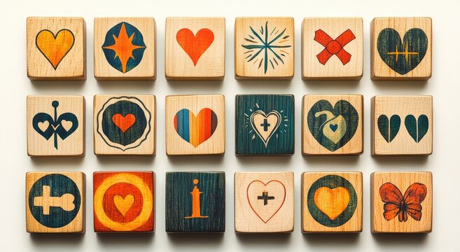 Wooden blocks, various heart-themed designs, arranged in a grid pattern