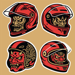 Set of Four Japanese Oni Demon Full Face Motorcycle Helmet