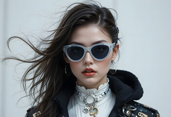 Close Up Fashion Style Portrait of Young Woman with Hair Blowing Wearing Silver Sunglasses