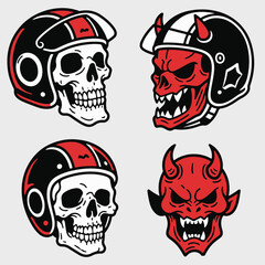 Old School Tattoo Style Biker Skull and Devil Head Vector Set