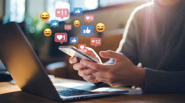 Person scrolling through social media on a mobile phone with floating emoji icons representing likes and hearts