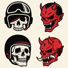 Old School Tattoo Style Biker Skull and Devil Head Vector Set