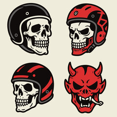 Set of Four Retro Biker Helmet Skull and Devil Head Mascot