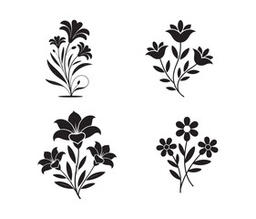 Black Floral Silhouette Vector Set. Decorative Botanical Icons