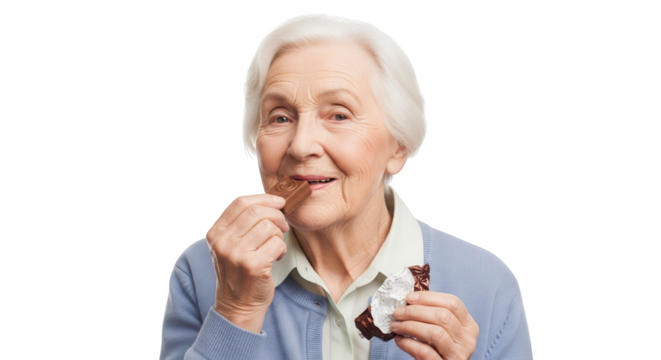 Elderly woman eating a chocolate bar, isolated on transparent background