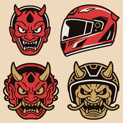 Highly Detailed Japanese Oni Mask Biker Character and Head Vector Set