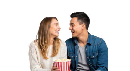 Young couple laughing and holding a bucket of popcorn, isolated on transparent background