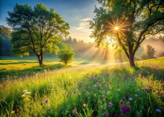 Morning sunlight filters through lush green trees