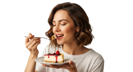 Woman enjoying a delicious slice of cheesecake with berry topping, isolated on transparent background