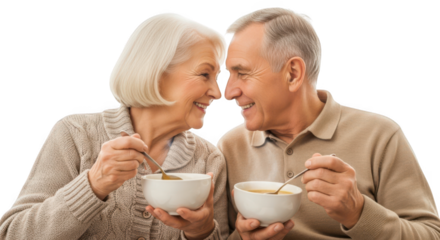 Elderly couple sharing a warm meal and looking at each other lovingly, isolated on transparent background