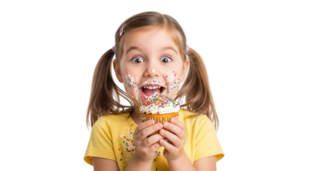 Excited young girl with frosting on her face eating a cupcake isolated on transparent background