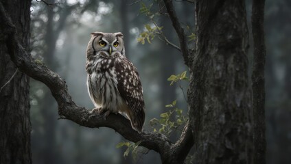 Obraz premium Owl perched in misty forest