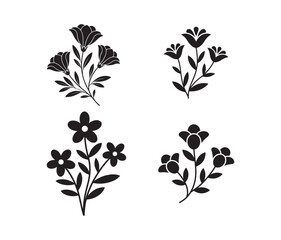 Black Floral Silhouette Vector Set. Decorative Botanical Icons