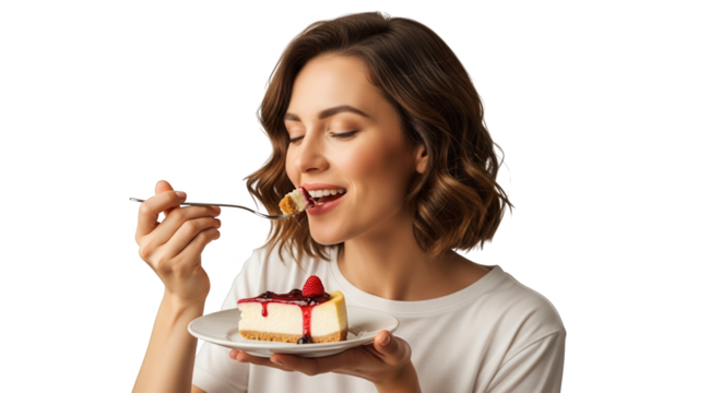 Woman enjoying a delicious slice of cheesecake with berry topping, isolated on transparent background