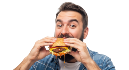Man eating a juicy hamburger isolated on transparent background