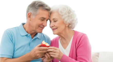 Elderly couple sharing an apple, isolated on transparent background