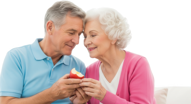 Elderly couple sharing an apple, isolated on transparent background