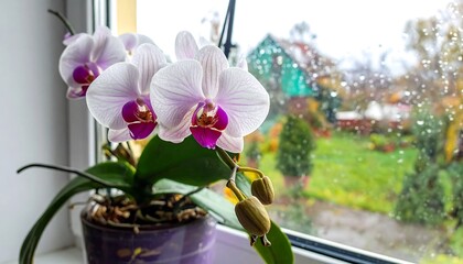 Orchids by a window on a rainy day