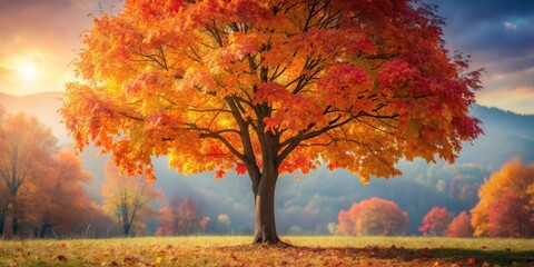 A lone maple tree stands against a backdrop of vibrant autumn leaves