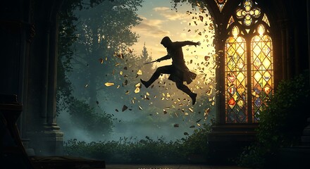 Magical Escape: Figure Jumping Through Shattered Stained Glass Window at Sunset