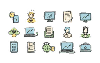 Illustration of business and office related icons including computers charts and business people sketches