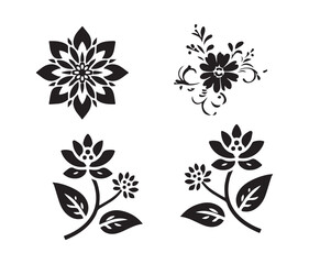 Floral Silhouette Set, Decorative Flower Branches, Black and White Vector Illustration