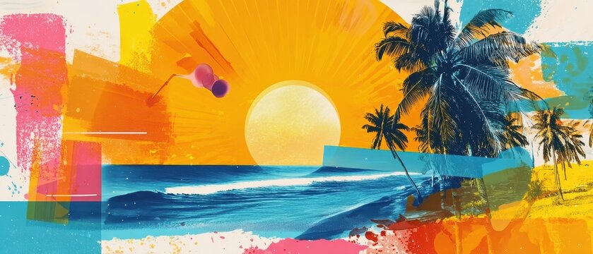 Artistic summer collage with palm trees and beach scenery in sunset hues, blending vintage charm with vibrant tropical colors and textures. Ideal for travel and summer themes.